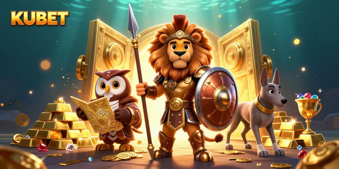 KUBET showcases a heroic lion and wise owl amidst treasure and casino elements in a vibrant 3D scene.
