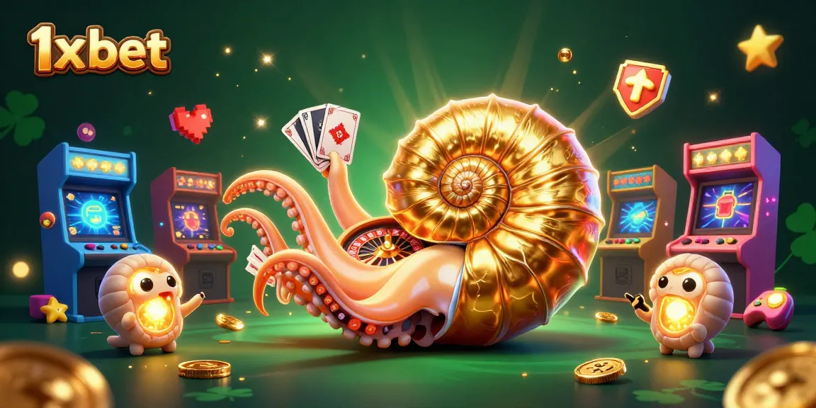 Play 1x bet with a dynamic 3D illustration of a giant nautilus and gaming elements.