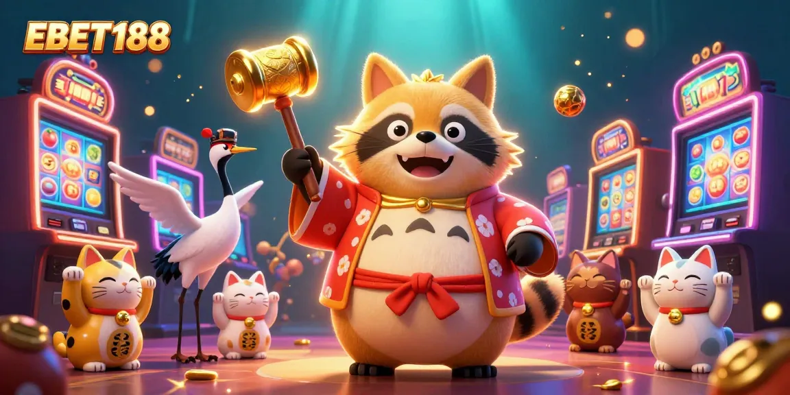 Spin and win at EBET188 with vibrant slot machines and lucky characters in a 3D casino scene.