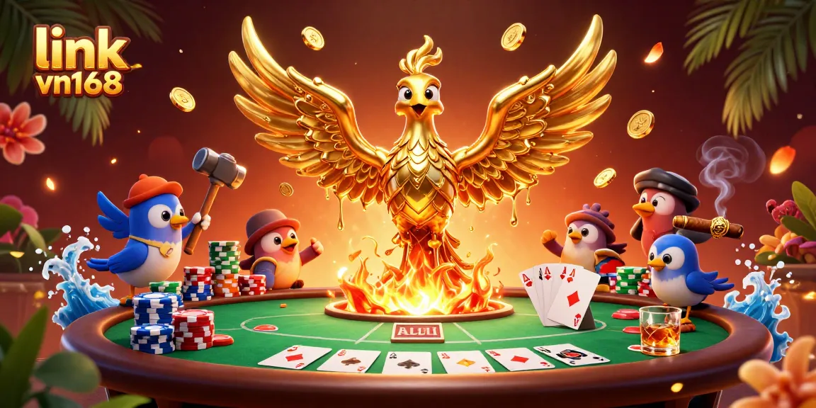 Play thrilling poker games with link vn168, featuring a 3D golden phoenix and dynamic gaming elements.