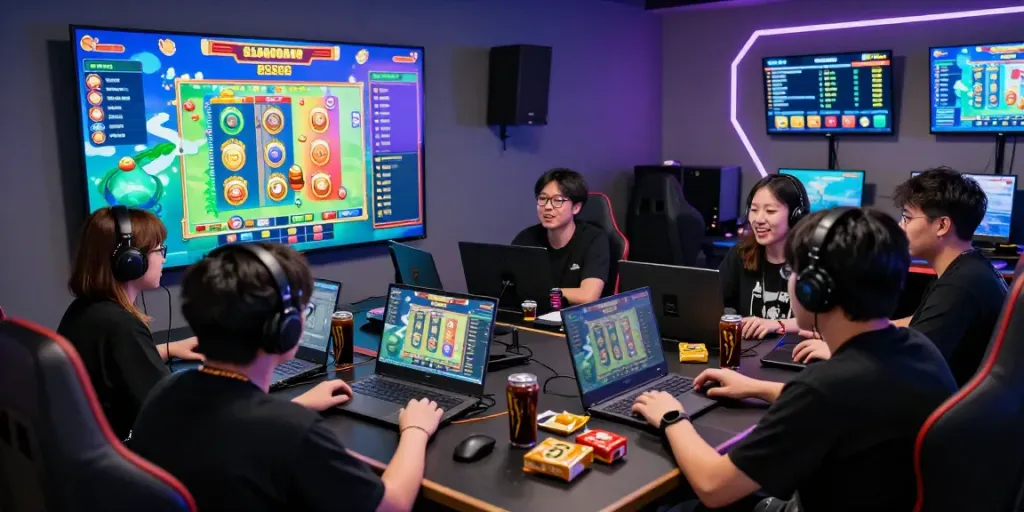 Exciting gaming scene with players engaging in slot gacor 2026, vibrant interface, lively atmosphere.