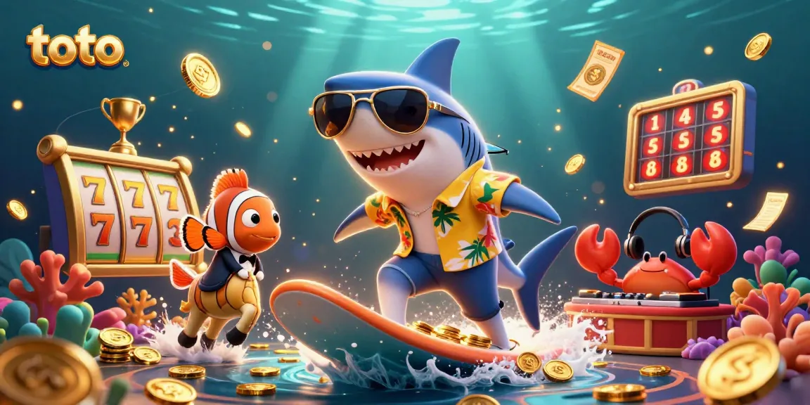 Engage with the ultimate toto slots experience as the shark surfs through gold coins amidst vibrant casino elements.