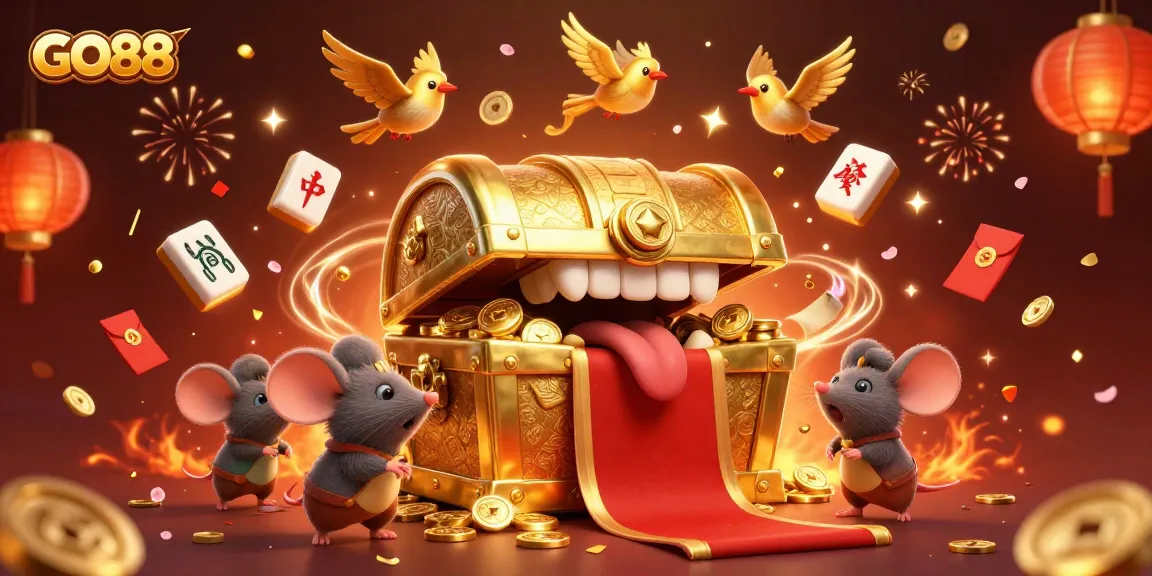 Experience excitement at GO88 with treasure chests, fortune symbols, and lively celebration.