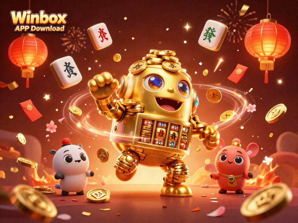 Winbox APK Download offers exciting casino gaming with a golden golem and festive elements surrounding it.