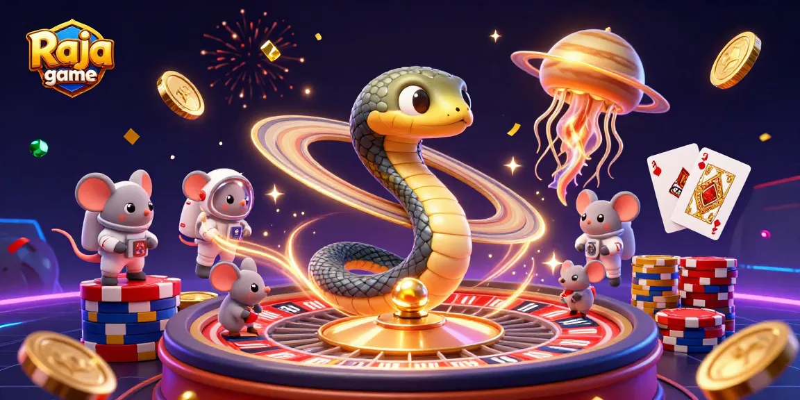 Experience thrilling gameplay with Raja game as colorful chips, cards, and gold coins fill the cosmic gaming scene.