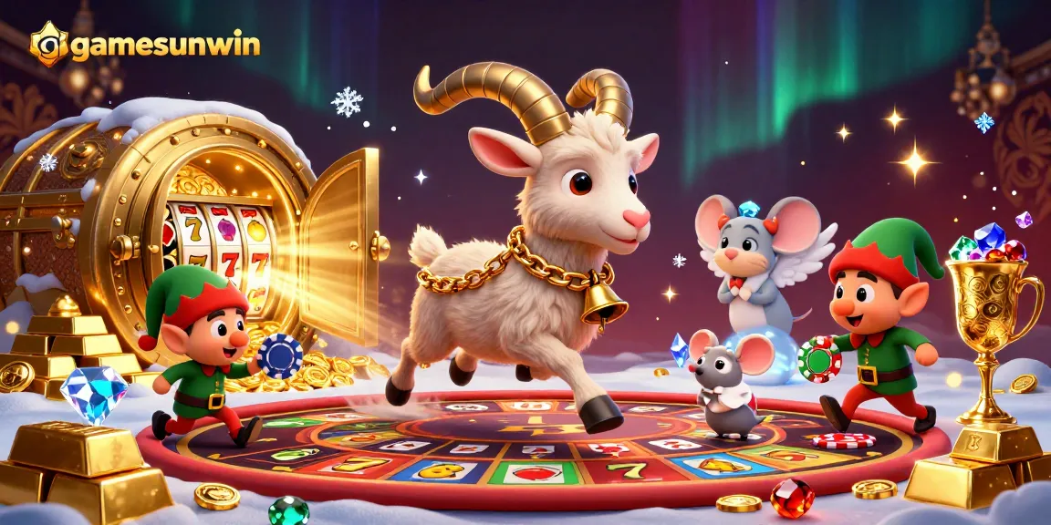 Engage with gamesunwin in a vibrant, dynamic casino scene featuring exciting slots and festive characters.