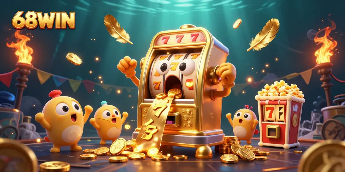 Experience the thrill of winning at 68WIN with a golden slot machine celebrating a jackpot amid vibrant casino elements.