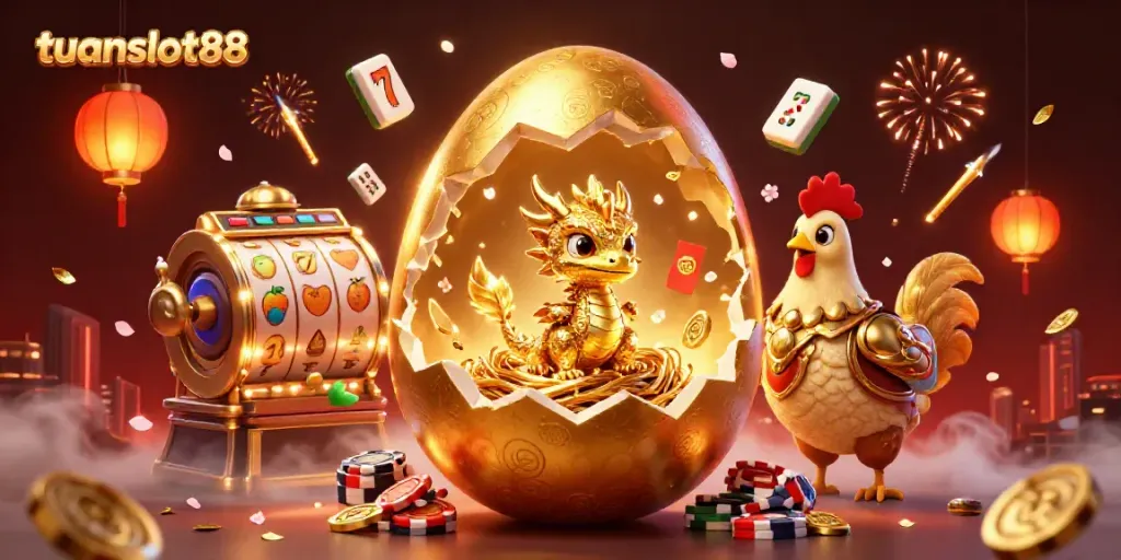 Gambarkan keseruan bermain tuanslot88 dengan replika telur emas yang pecah, mengungkap naga emas di atas chip poker.