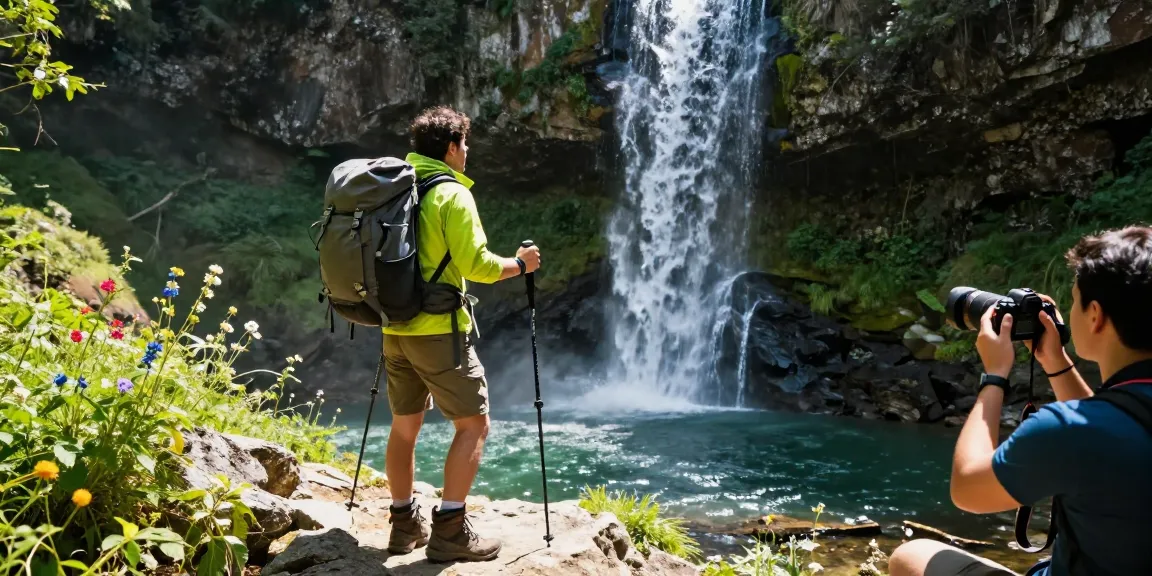 Pemandangan terjun4d yang menakjubkan dengan penggiat petualangan di tepi tebing.