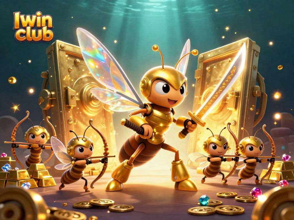 Iwin club showcases a vibrant illustration of a golden hornet samurai leading a treasure hunt, enriching the online gambling experience.