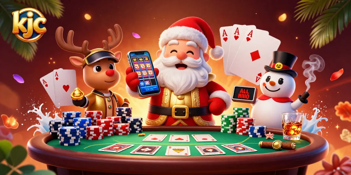 Experience the thrill of KJC casino action with Santa and friends in a vibrant gaming scene.