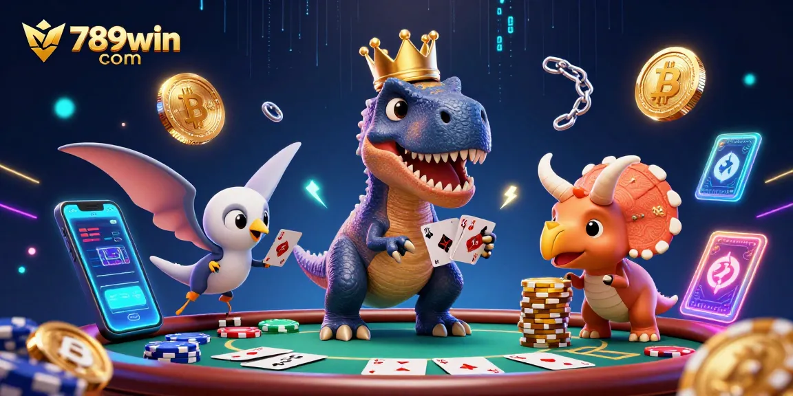 Shuffle cards with the fun characters at 789win com in a vibrant casino scene featuring poker elements.