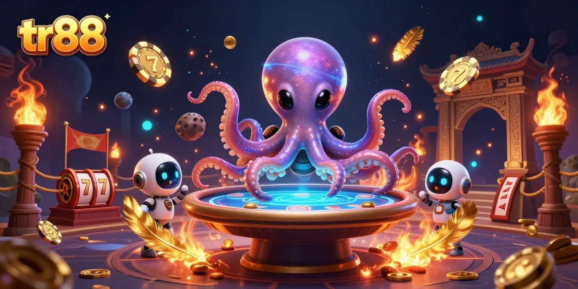 tr88 gaming with an alien octopus at a holographic poker table surrounded by vibrant casino elements