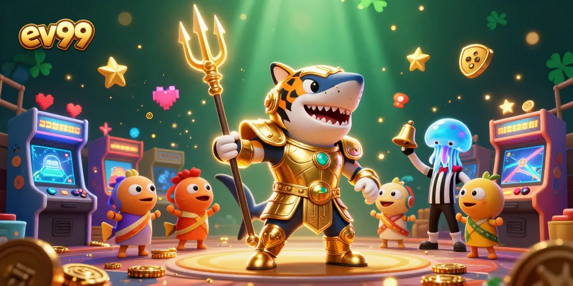 Engage with ev99's thrilling casino adventure featuring an armored shark in a vibrant underwater colosseum.