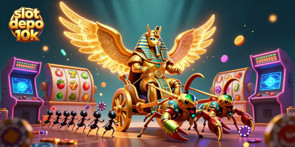 Engage with exciting slot depo 10k games featuring a scarab beetle and scorpions in a vibrant casino scene.