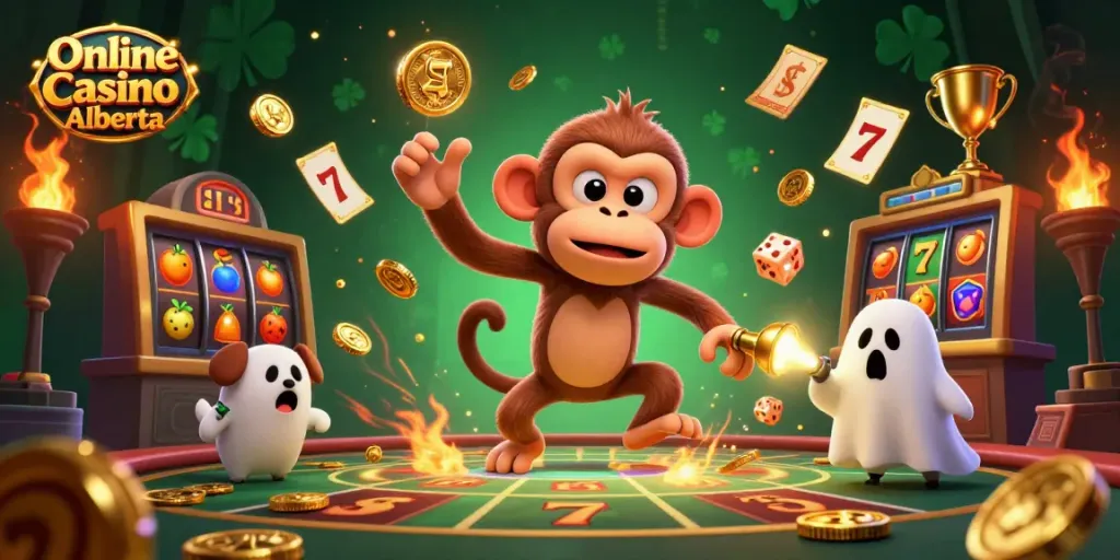Spin thrilling slots with Online Casino Alberta in this dazzling haunted casino scene.
