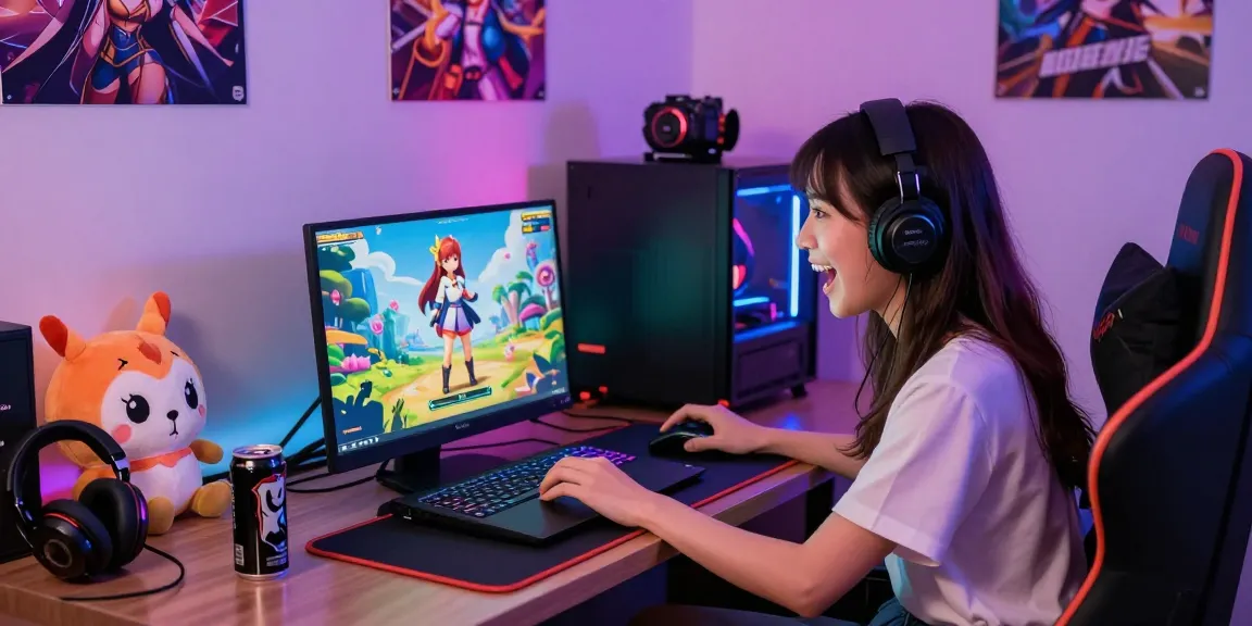 Woman playing a female hentai game in a vibrant gaming setup with colorful lights and accessories.