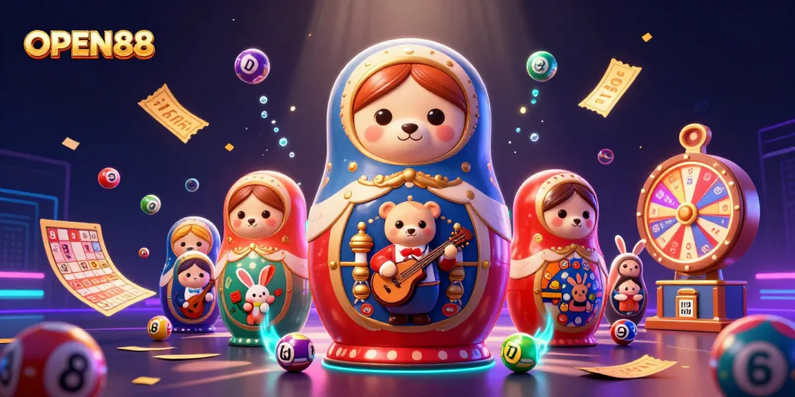 Experience the excitement of OPEN88 with dynamic lottery elements featuring colorful balls and lively characters.