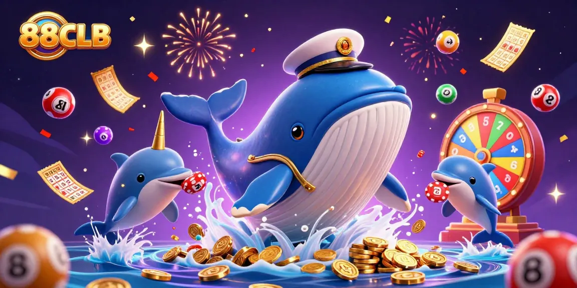 Experience excitement with 88CLB whales, dolphins, and vibrant gaming elements in a magical scene.