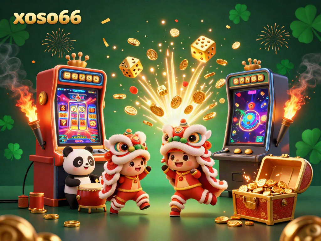 Engage with the vibrant xoso66 casino experience featuring a lion dance, jackpot slots, and lively characters.