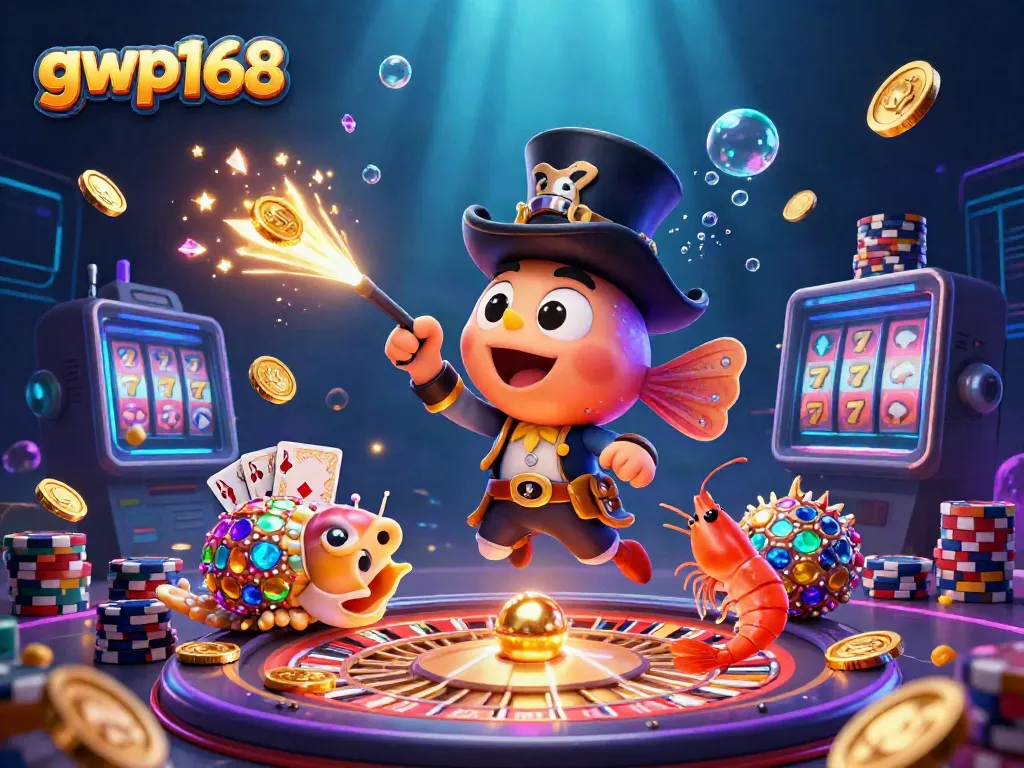 GWP168 menarik koin emas dengan ilustrasi kartun anglerfish dan teman lautnya.