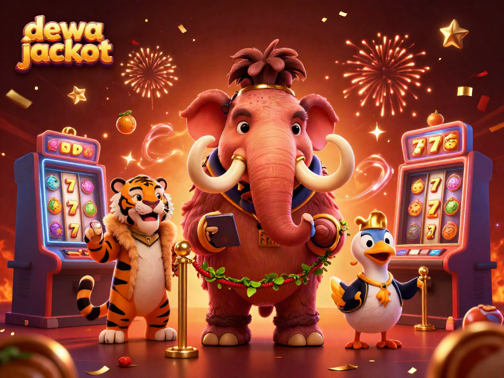 Menggoda pemain dengan "dewa jackpot" dalam ilustrasi kasino yang ceria dan berwarna-warni.
