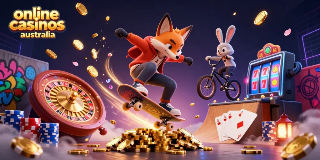 Engage in online casinos Australia with vibrant casino-themed 3D characters and dynamic gameplay visuals.