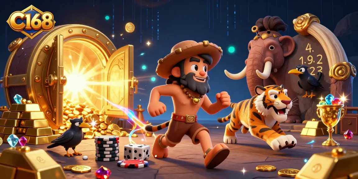 Experience C168 at a prehistoric casino with caveman and sabertooth tiger in a dazzling scene.