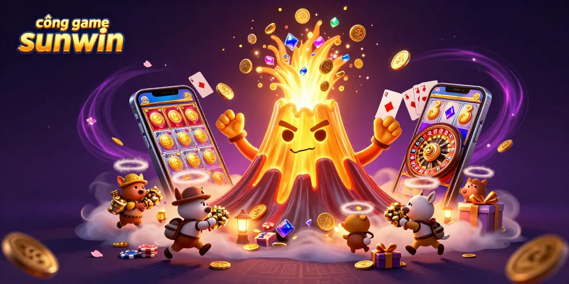 Cổng game sunwin showcases a vibrant casino scene with a golden volcano and treasure-filled animals.