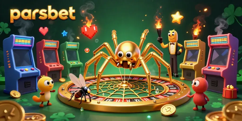 Parsbet ile şansınızı deneyin; altın örümcek ve onun büyük rulet ağı ile 3D casino sahnesi.