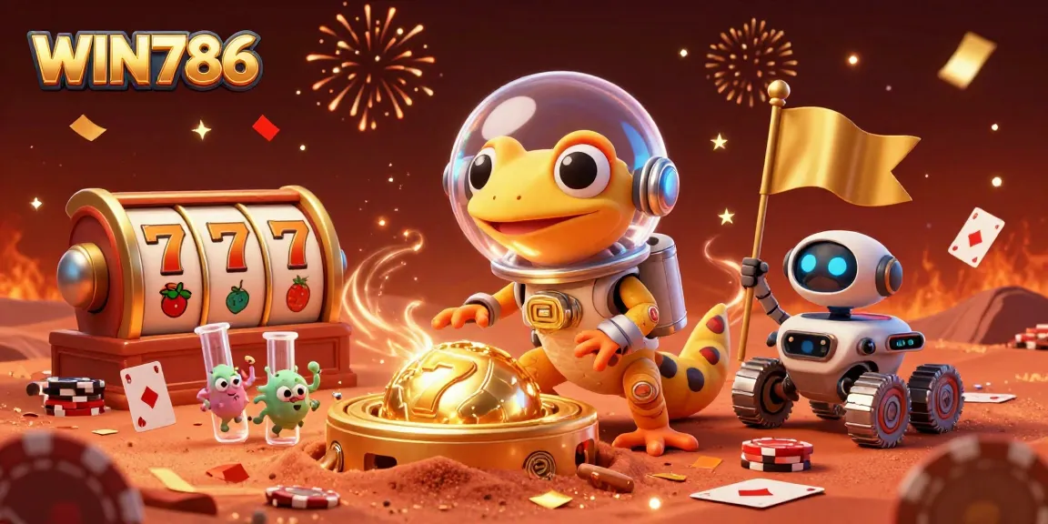 Join the excitement of WIN786 with a Martian gecko exploring a golden casino under a spectacular cosmic display.