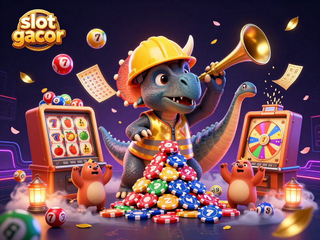 Engage in the slot gacor excitement with a dynamic scene featuring a triceratops building poker chips.