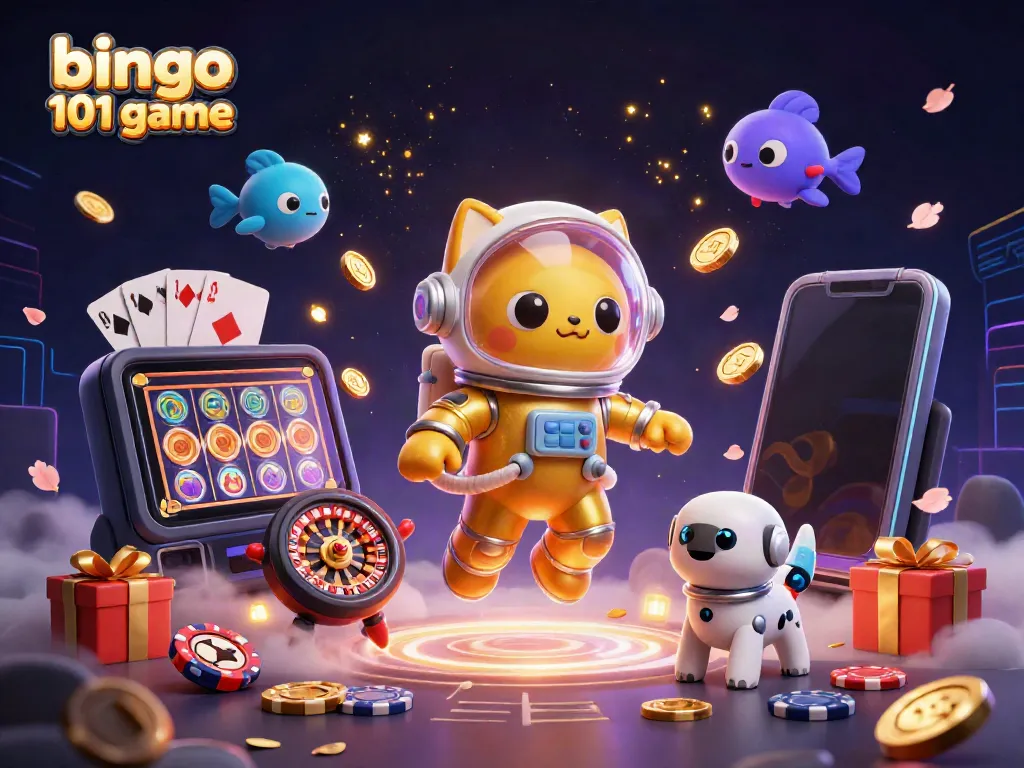 Permainan bingo 101 yang menarik dengan kucing astronot dan anjing robot dalam latar luar angkasa.