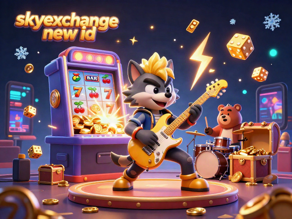 Experience exhilarating betting with skyexchange new id as a rock star wolf performs on stage surrounded by casino excitement.
