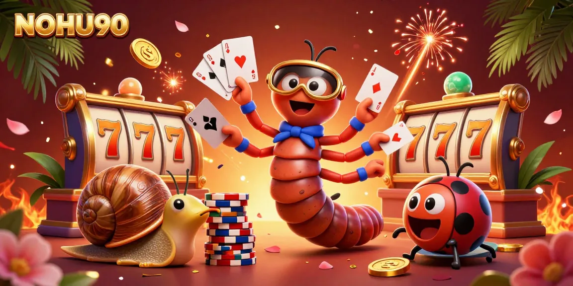 Experience thrilling slots at NOHU90 with our vibrant casino illustration showcasing dynamic characters and rich game elements.