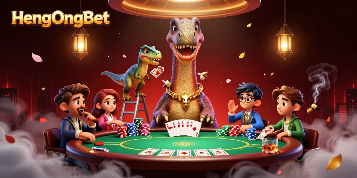 HengOngBet showcases a whimsical 3D casino scene with vibrant characters and poker elements.