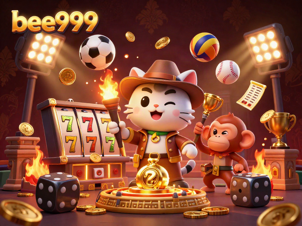 Uncover treasures at bee999 with an archaeologist cat amid casino artifacts and dynamic sports elements.