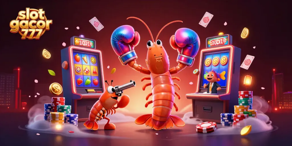 Win at slot gacor 777 with vibrant slot machines and dynamic casino action featuring shrimp characters.