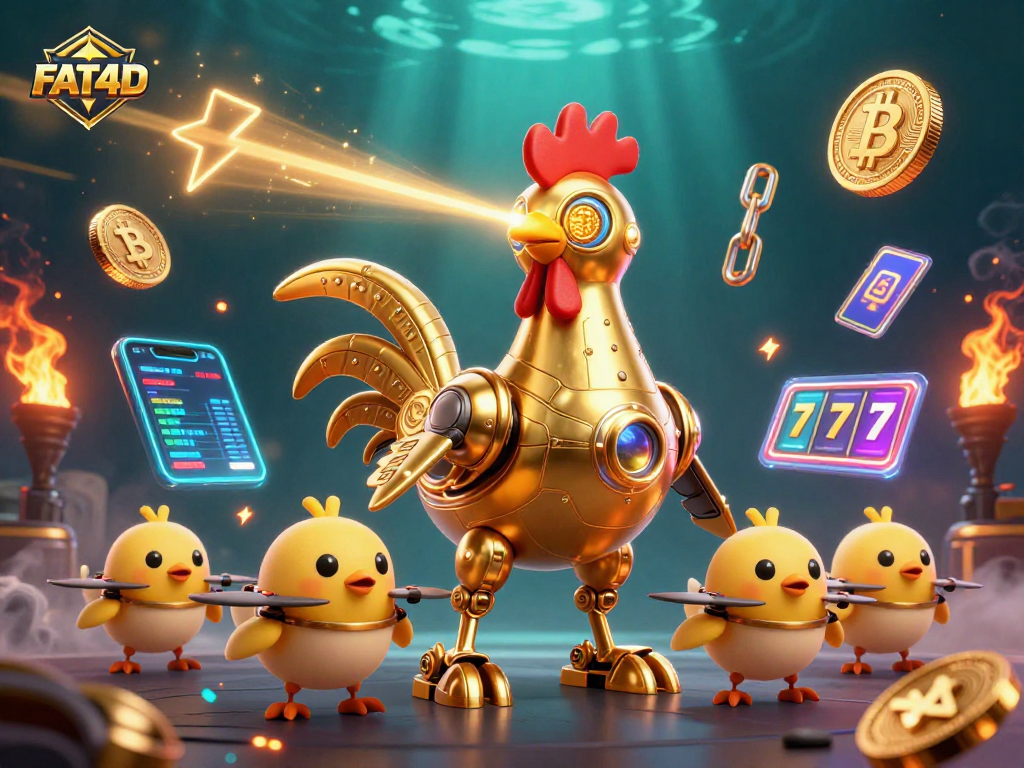 FAT4D showcases a golden rooster robot and drones navigating dynamic casino elements with glowing crypto coins.