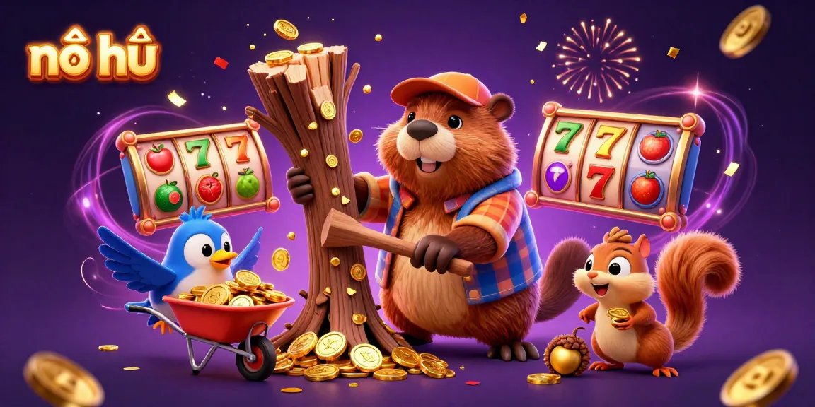 Engage with the exciting nổ hũ jackpot scene featuring animated characters collecting coins and playing slots.
