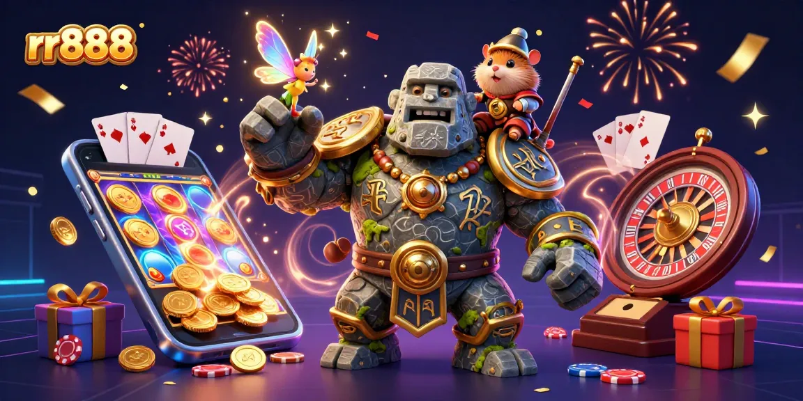 Engage with rr888 in an exciting 3D casino scene featuring a mystical golem, magical fairy, and brave hamster knight.