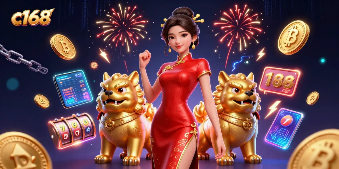 Engage with C168's vibrant casino scene featuring Asian woman in a cheongsam with slot game elements.