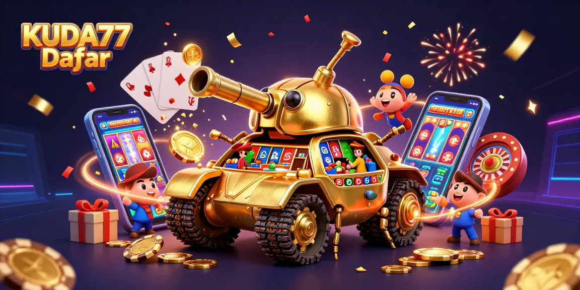 KUDA77 Daftar menampilkan kendaraan tank emas minimalis dengan kasino mini di dalamnya, dikelilingi permainan slot.