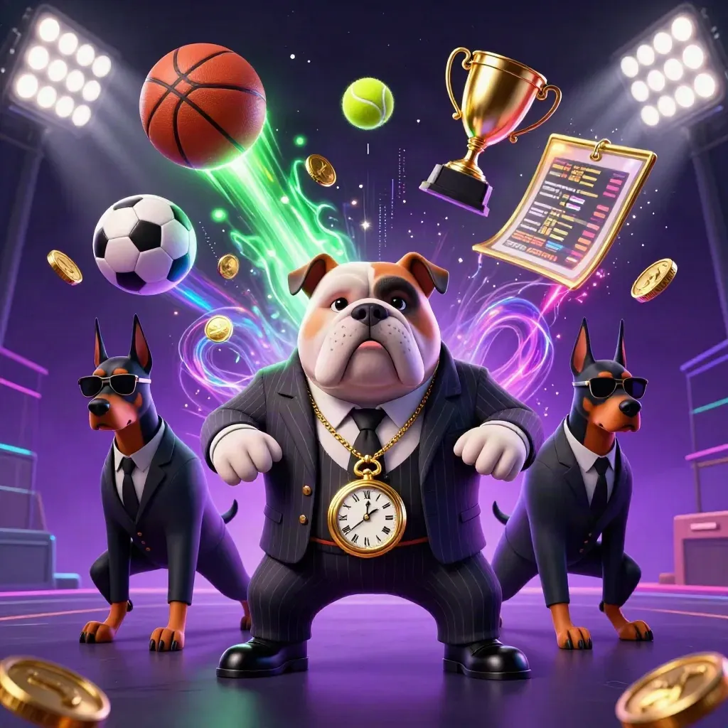 Bulldog mob boss and two Dobermans amid flying sports balls, coins, and neon casino light.