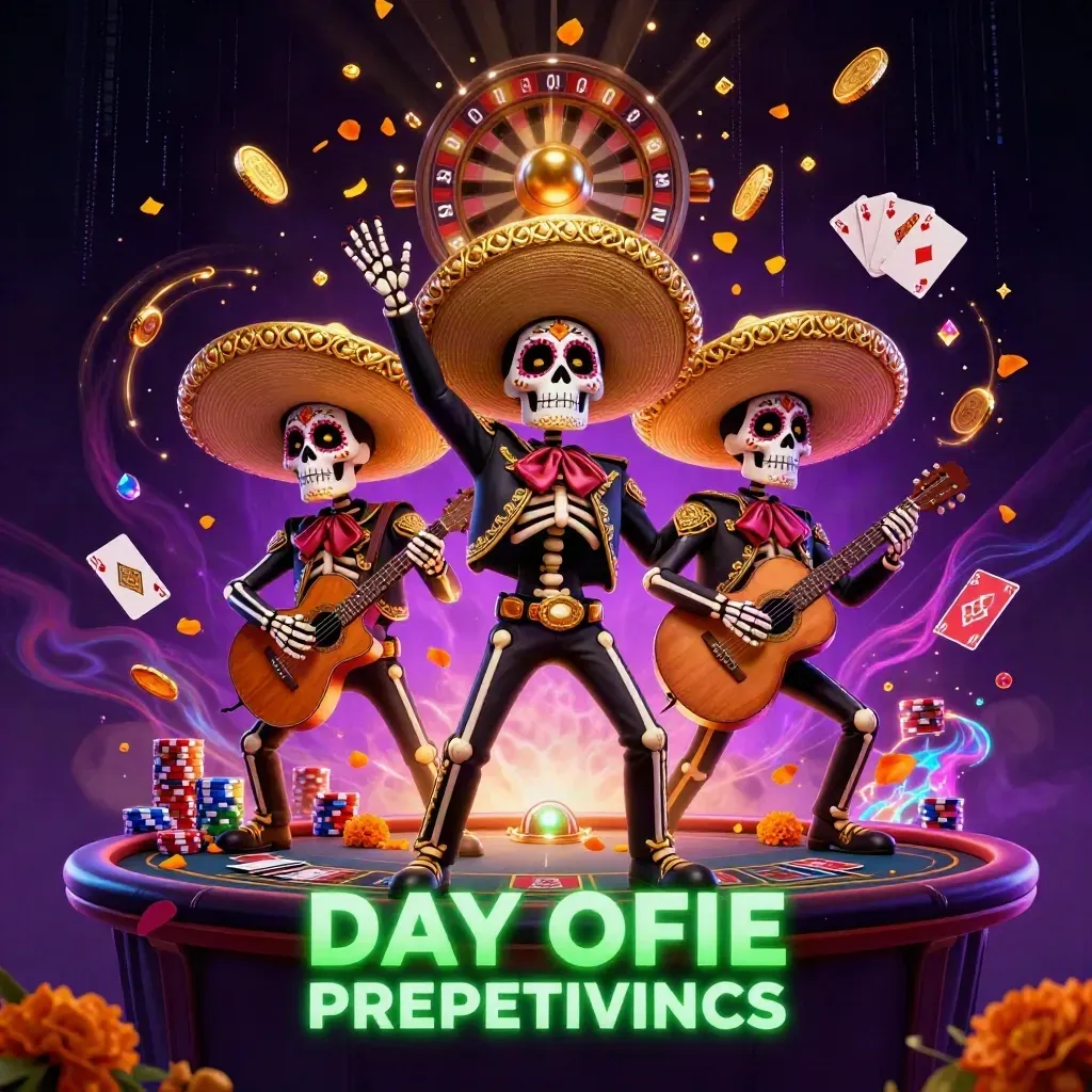 Three mariachi skeletons amid gold coins, roulette, cards, chips, and neon casino glow.