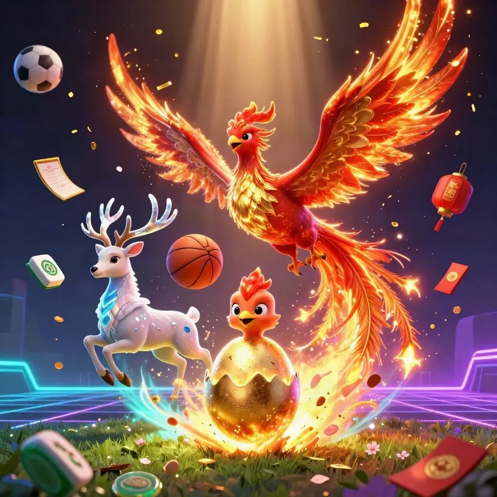Phoenix, stag, and hatching baby phoenix amid flying sports balls and casino-themed glow