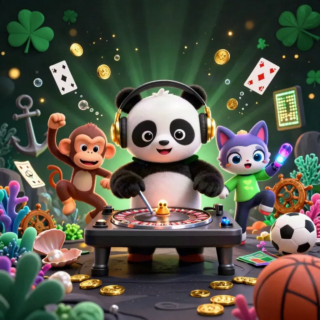 DJ panda, breakdancing monkey, and glow-stick kitten amid gold coins, cards, coral, and neon casino glow.