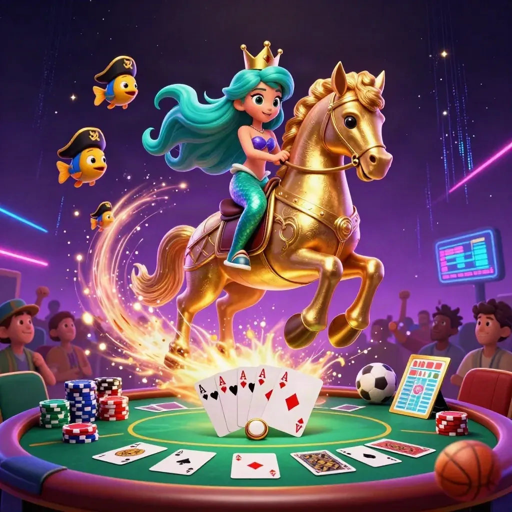 Mermaid princess riding a golden seahorse amid casino chips, cards, fish, and neon cosmic glow