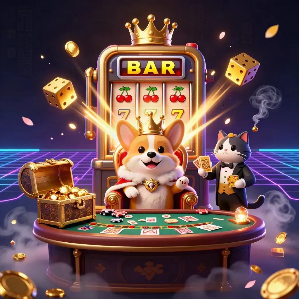 Royal corgi and cat butler amid slot burst, roulette, gold, and neon casino smoke.