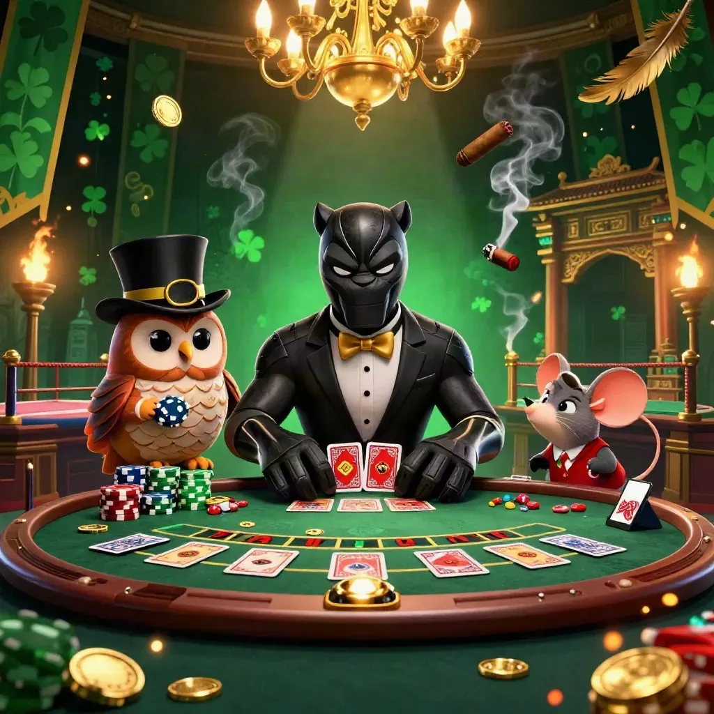 Cartoon panther, owl, and mouse in a luxe neon casino with roulette and torch-lit smoke.